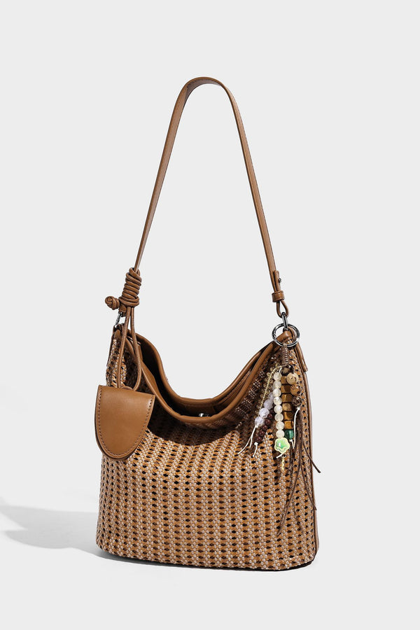 Slouchy open-weave hobo shoulder bag with leather-look trim, beaded tassel charm, and adjustable strap, detail view 20