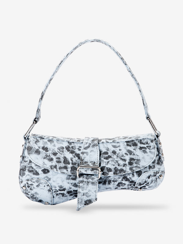 Small washed leopard print shoulder bag in blue-grey with silver buckle strap and stud accents, detail view 9