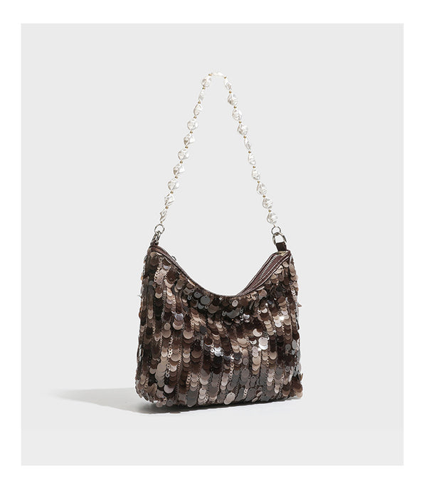 Small crescent sequin shoulder bag with pearl beaded strap and zip closure, detail view 17