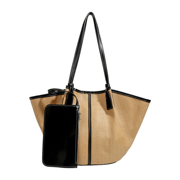 Tan woven tote bag with contrasting leather-look trim, long shoulder straps, and detachable rectangular zip pouch, detail