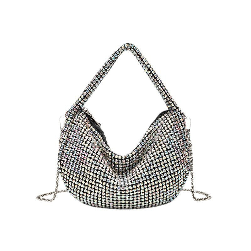 All-over crystal rhinestone hobo bag with silver chain strap and top handle, top zip closure, detail view 5