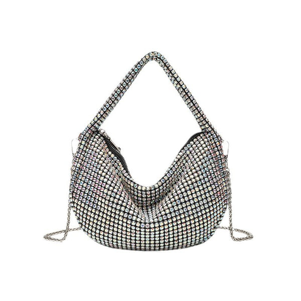 All-over crystal rhinestone hobo bag with silver chain strap and top handle, top zip closure, detail view 5