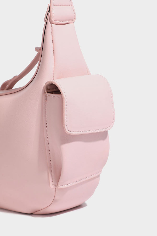 Smooth leather-look crescent shoulder bag with front zip pocket, side flap pockets, adjustable strap, and silver-tone, detail