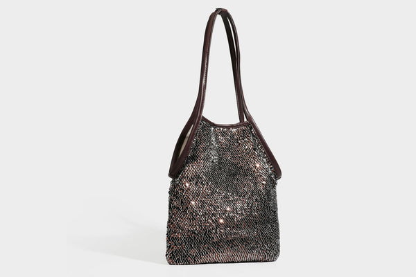 Kleine Schulter-Tote-Bag mit Pailletten, langem Metallic-Riemen und trapezförmiger Silhouette, Detailansicht 32