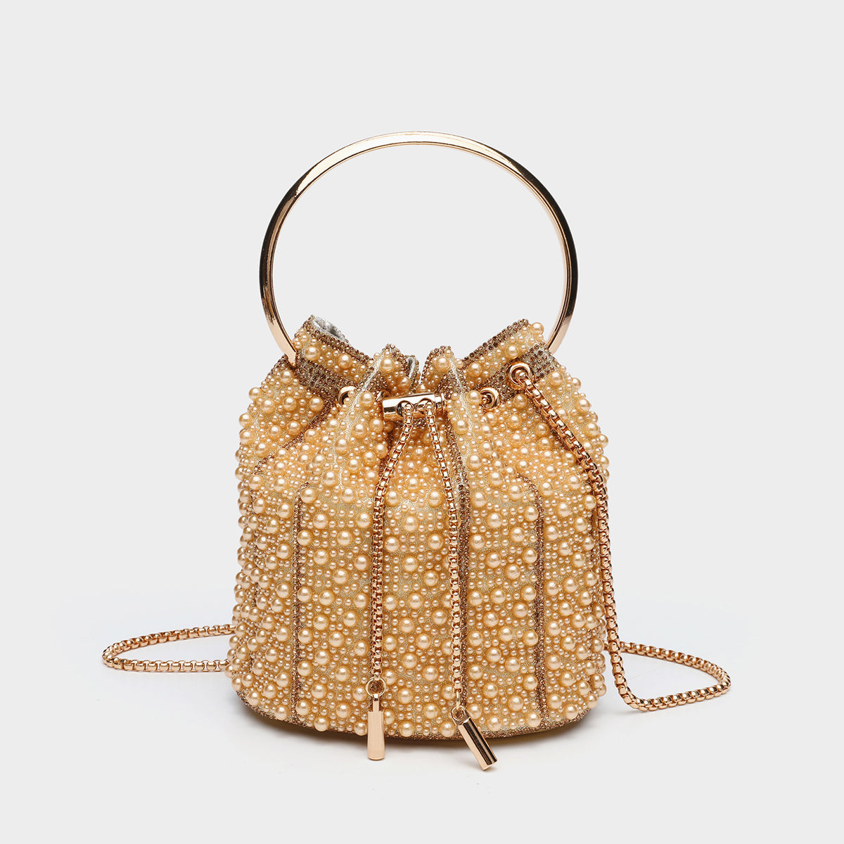 Small pearl-beaded drawstring bucket bag with silver-tone ring top handle and chain shoulder strap, detail view 9