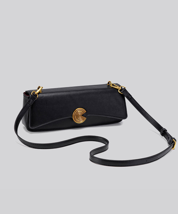 Structured rectangular flap bag with gold-tone circular turn-lock closure and detachable crossbody strap, detail view 11