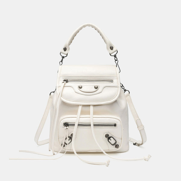 Small structured glossy leather-look convertible backpack handbag in black with flap closure, front zip pockets, metal stud