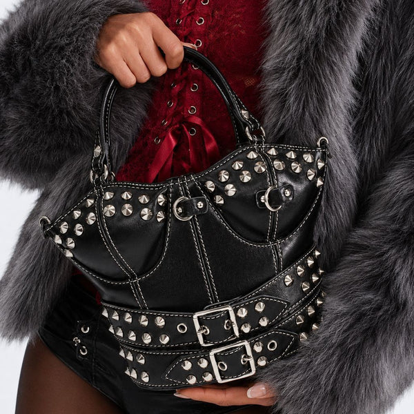 Strukturierte Handtasche mit korsettförmiger Silhouette, silberfarbenen Kegel-Nieten und doppeltem Schnallengürtel-Detail, Detailansicht 2