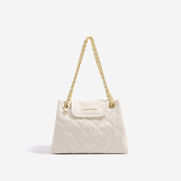 Structured diamond-quilted glossy black shoulder tote bag with interwoven silver chain strap and front flap snap pocket