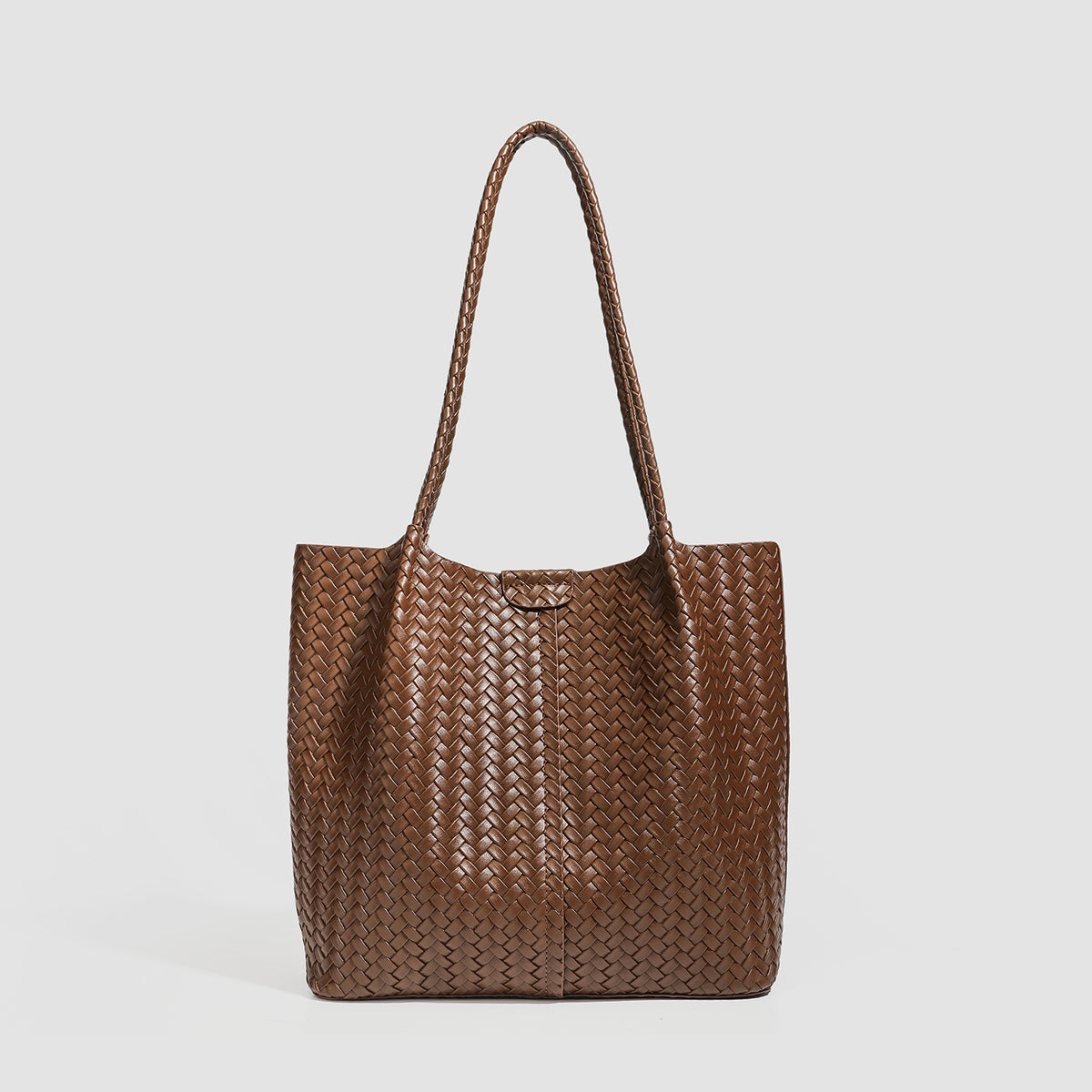 Large black basket-weave leather-look tote bag with long braided shoulder straps and matching woven zip pouch, detail view 7
