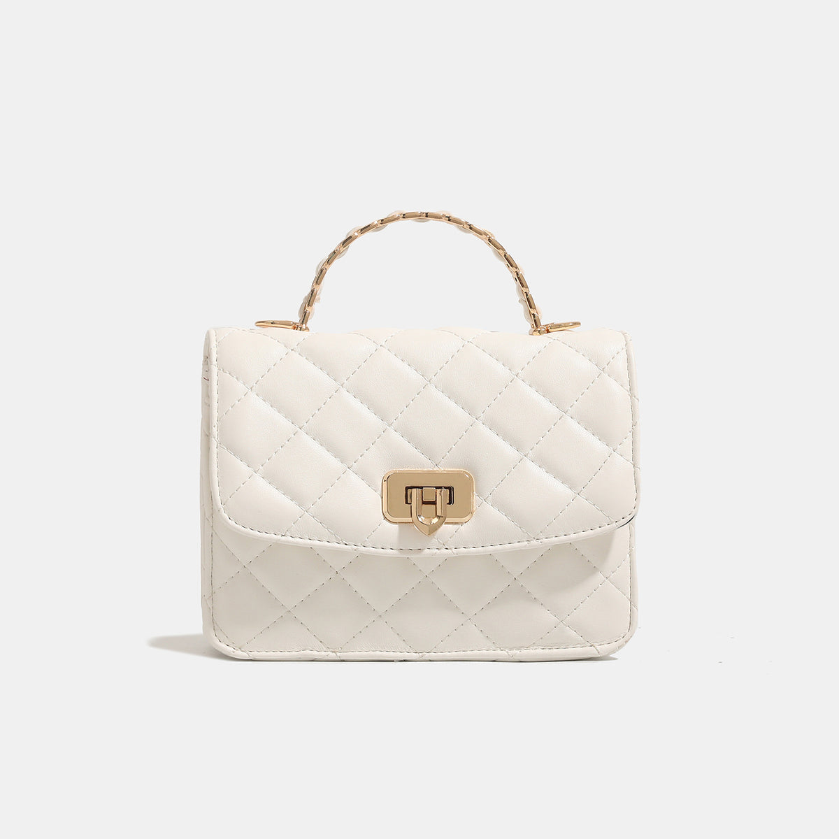 Small structured quilted flap crossbody bag with gold-tone turn-lock closure and chain strap, detail view 8