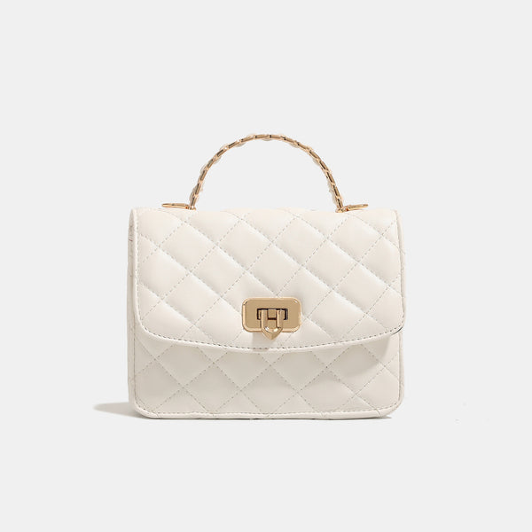 Small structured quilted flap crossbody bag with gold-tone turn-lock closure and chain strap, detail view 8