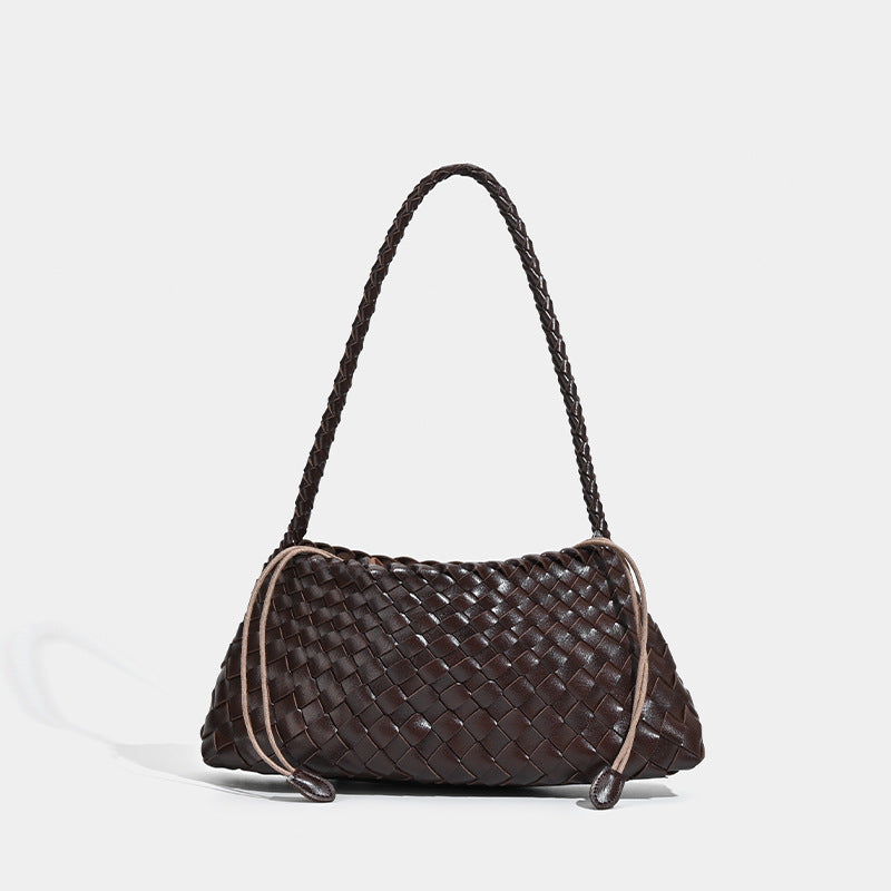 Soft woven shoulder bag with braided strap and drawstring top in olive green, detail view 7