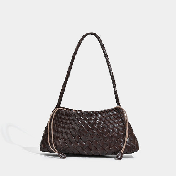 Soft woven shoulder bag with braided strap and drawstring top in olive green, detail view 7