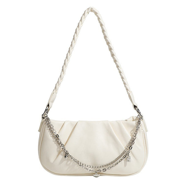 Slouchy hobo shoulder bag with gathered leather-look panels, silver-tone chain with charm pendants, and braided strap, detail