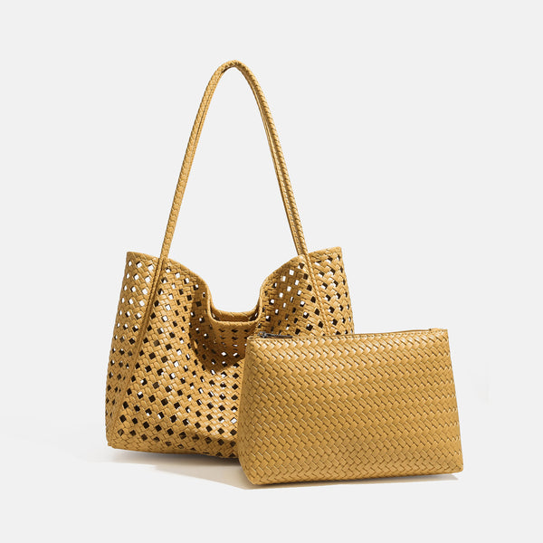 Slouchy open-lattice woven shoulder tote bag with long braided straps and matching zip pouch, detail view 9