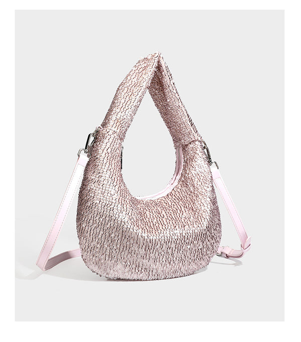 Lässig drapierte, tropfenförmige Hobo-Schultertasche mit durchgehendem Metallic-Paillettenbesatz und silberfarbenen Metalldetails, Detailansicht 20