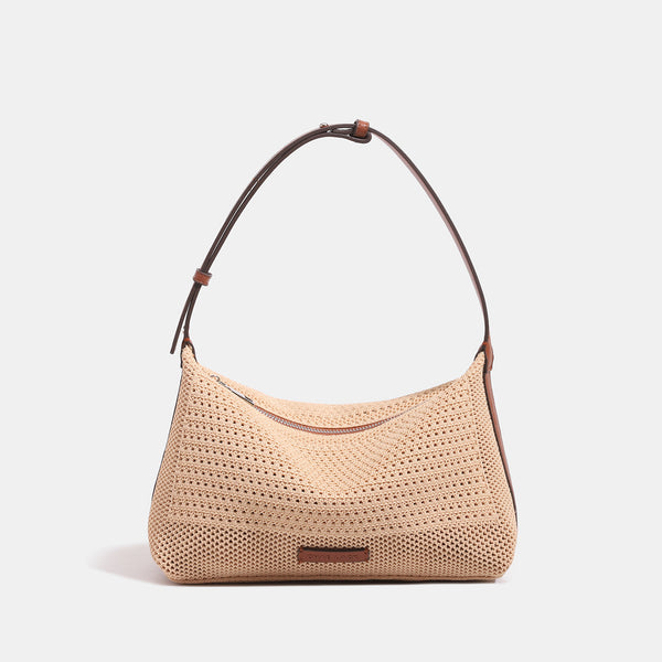 Compact open-weave hobo shoulder bag with zip top, leather-look trim, and adjustable strap, detail view 6