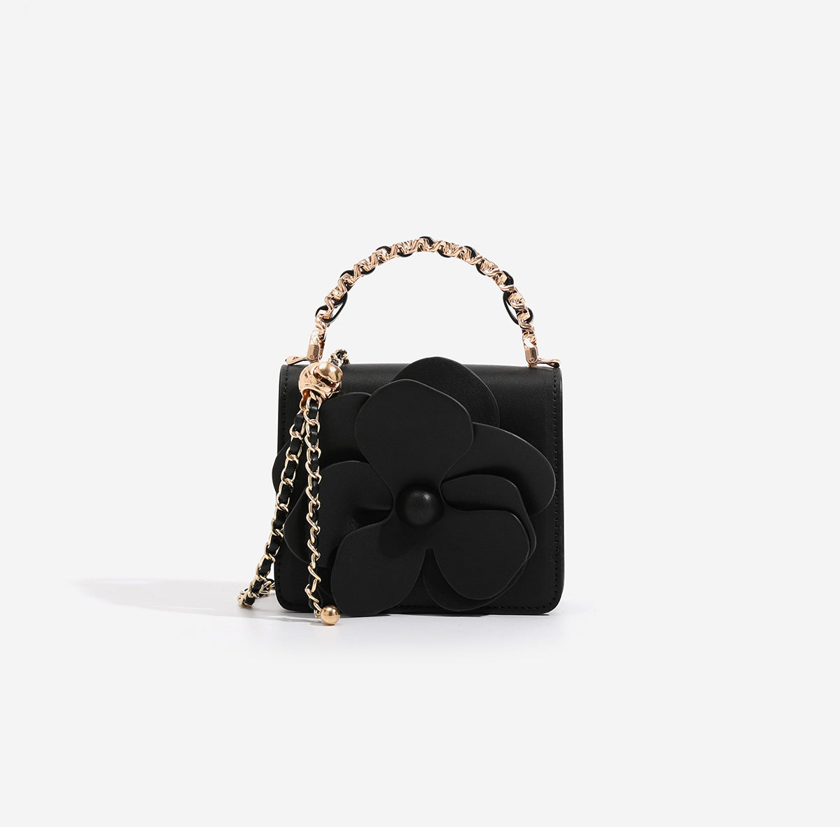 Small structured rectangular crossbody bag with layered 3D flower appliqué and gold-tone chain strap, detail view 8