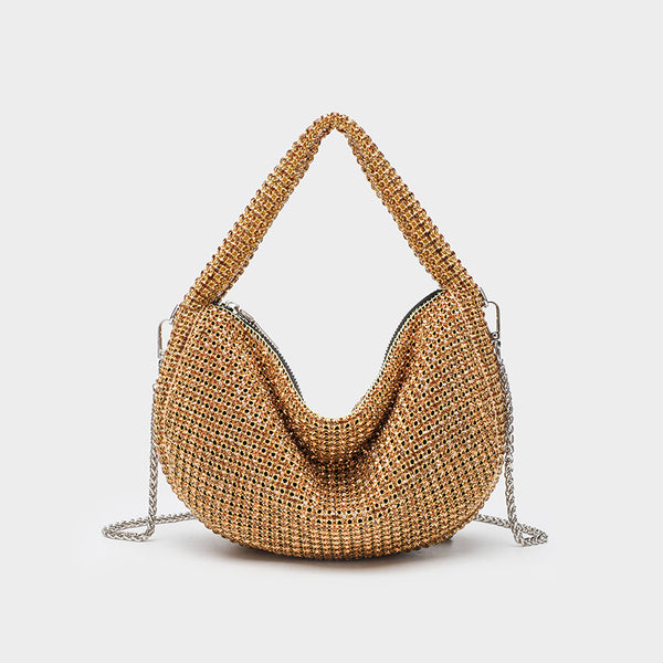 All-over crystal rhinestone hobo bag with silver chain strap and top handle, top zip closure, detail view 2