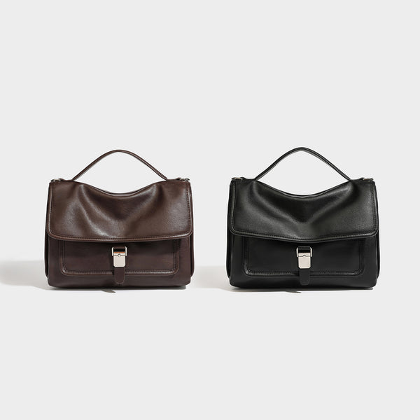 Structured rectangular satchel bag in dark espresso brown with smooth leather-look finish, flap front with silver turn-lock