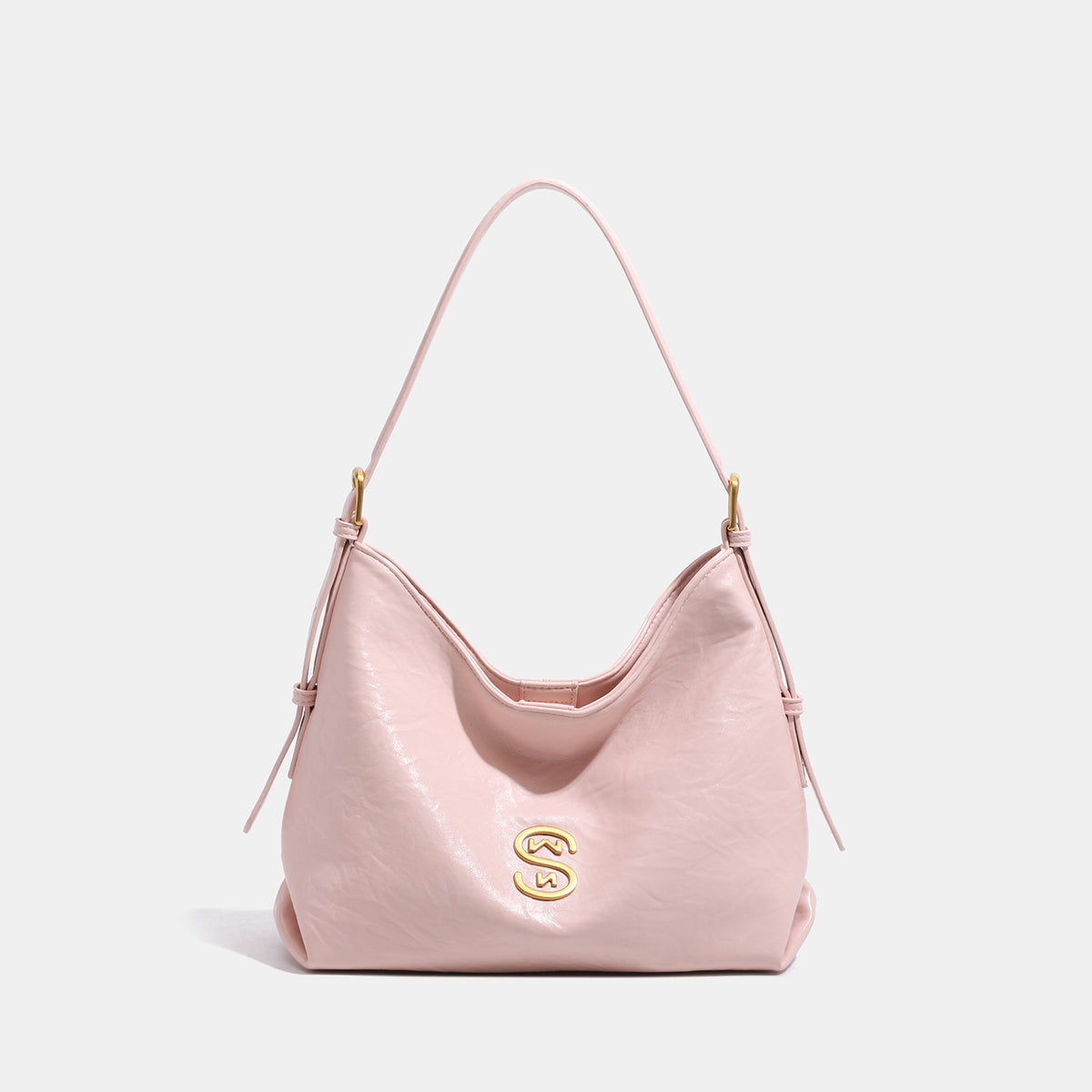 Slouchy hobo shoulder bag in crinkled gloss leather-look with gold-tone hardware and adjustable strap, detail view 6