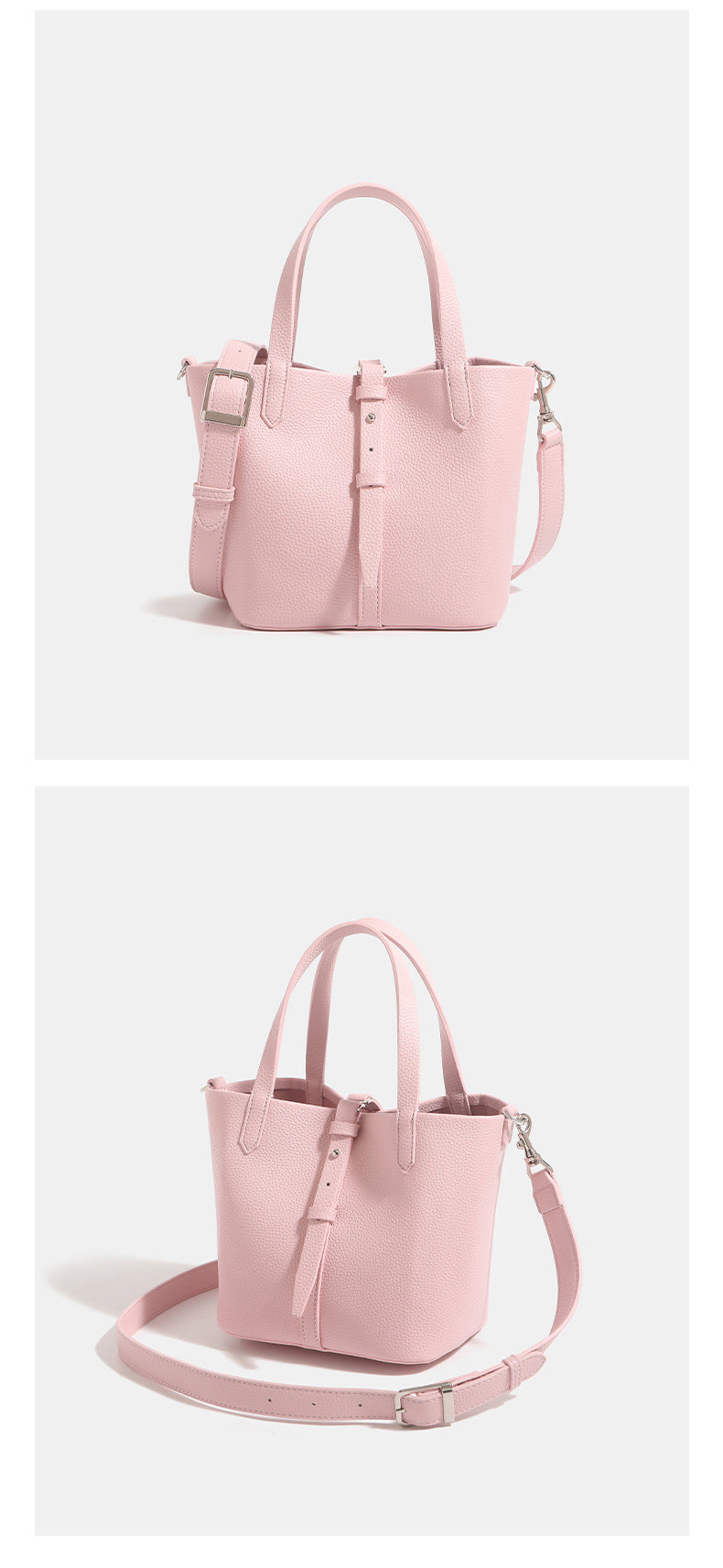Small structured pebbled leather-look bucket tote bag with dual top handles and silver-tone hardware, detail view 13
