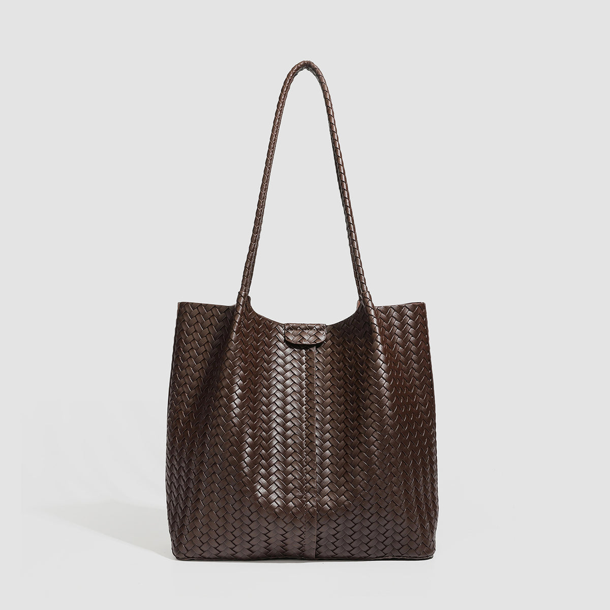 Large black basket-weave leather-look tote bag with long braided shoulder straps and matching woven zip pouch, detail view 10