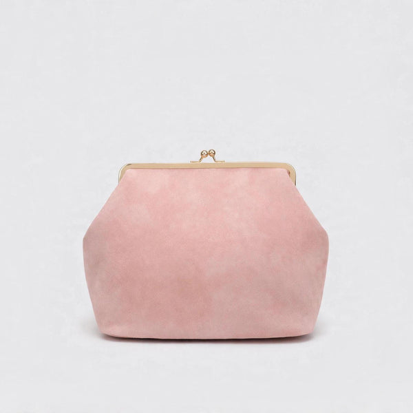 Large matte suede-look kiss-lock frame handbag with gold-tone hardware and detachable shoulder strap, detail view 8