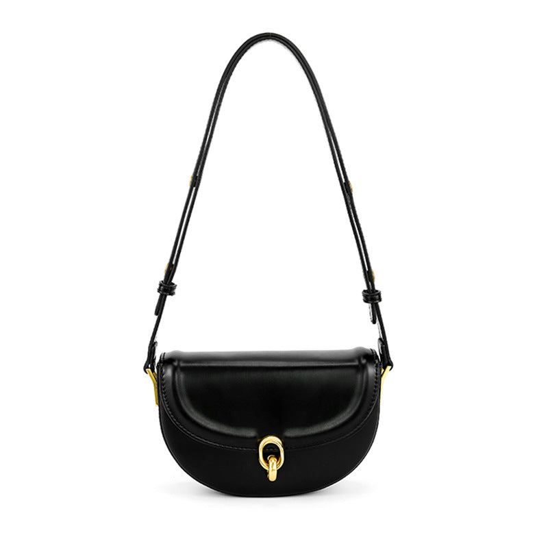 Mini black leather-look saddle bag with gold-tone carabiner clasp and adjustable shoulder strap, detail view 5