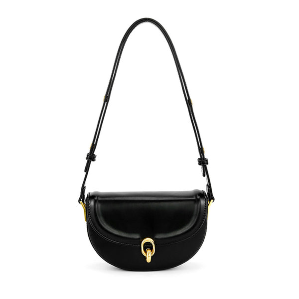 Mini black leather-look saddle bag with gold-tone carabiner clasp and adjustable shoulder strap, detail view 5