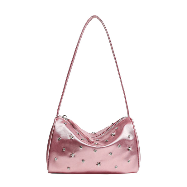 Kompakte Schultertasche in Metallic-Optik mit sternförmigen und rhinestoneartigen silberfarbenen Nieten, Reißverschluss oben und festem Schulterriemen
