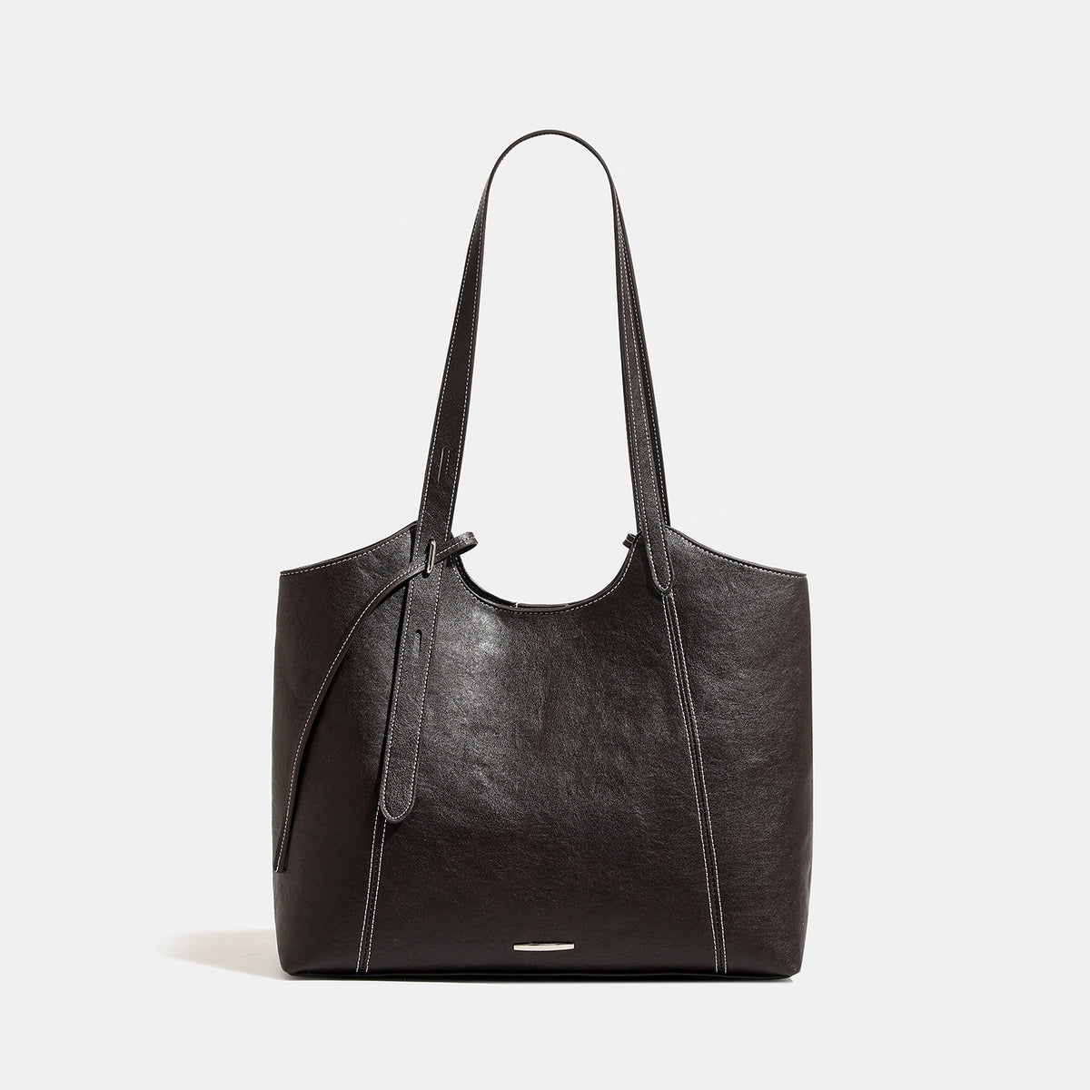 Structured open-top leather-look tote bag with long shoulder straps, contrast stitching, and side tie details, detail view 7