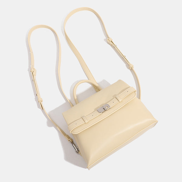 Structured matte leather-look convertible flap handbag with silver-tone turn-lock clasp and top handle, detail view 4