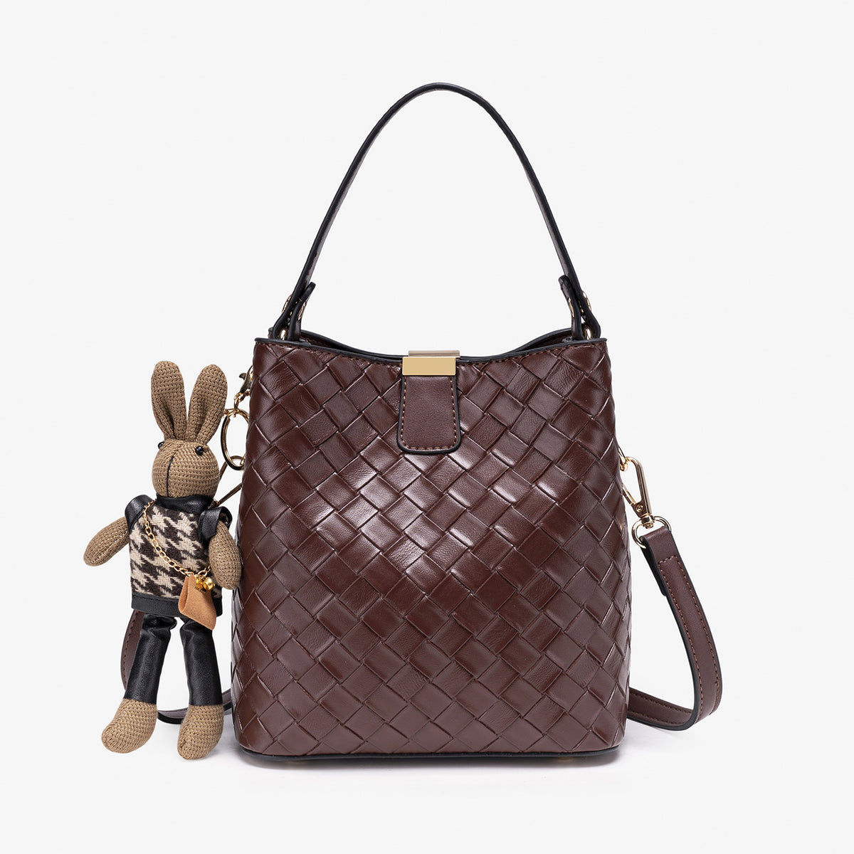 Brown woven-emboss leather-look bucket bag with short top handle, detachable crossbody strap, gold-tone hardware, and rabbit