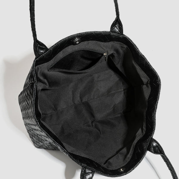 Large structured black woven diamond-pattern tote bag with braided double shoulder straps and glossy leather-look finish
