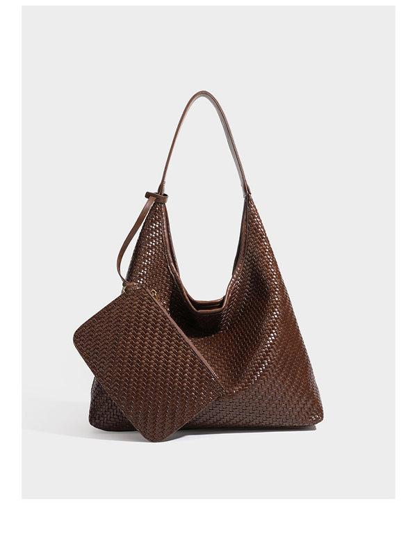 Slouchy woven leather-look hobo tote bag in brown with detachable zip pouch and gold-tone hardware, detail view 12
