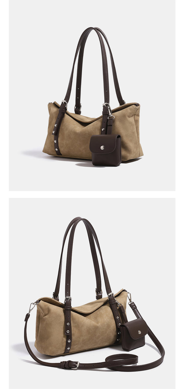 Soft slouchy suede-look shoulder tote with dark brown leather-look trim, silver-tone stud hardware, and attached snap-front