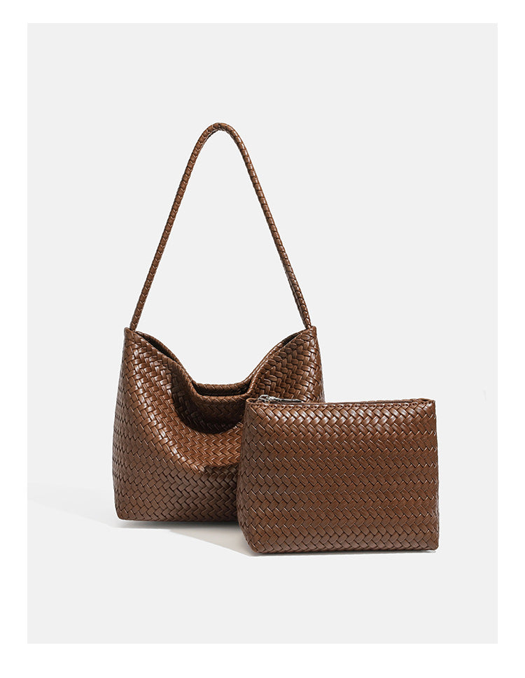 Woven leather-look hobo shoulder bag with braided strap and matching zip pouch, detail view 11