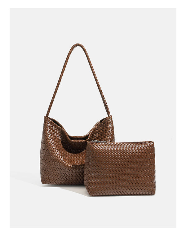 Woven leather-look hobo shoulder bag with braided strap and matching zip pouch, detail view 11