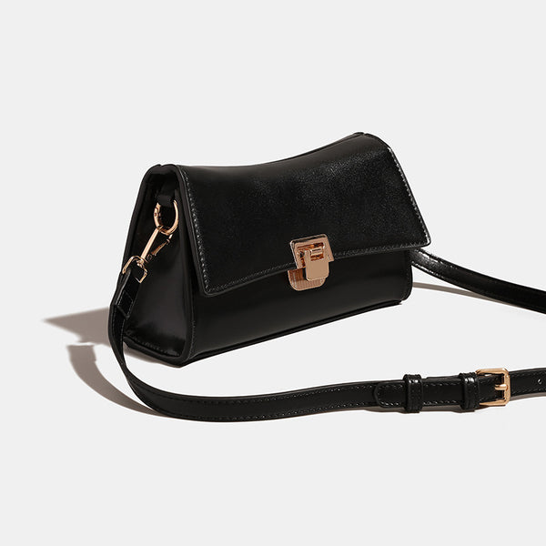 Compact structured flap shoulder bag with gold-tone turn-lock closure and adjustable strap, detail view 4