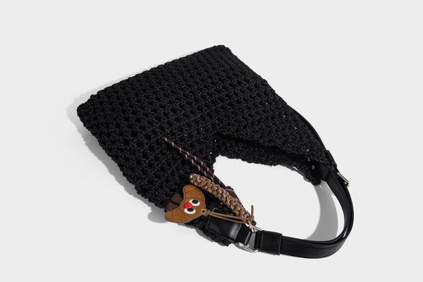 Slouchy open-knit crochet hobo tote bag with leather-look top handle and metal buckle hardware, detail view 32