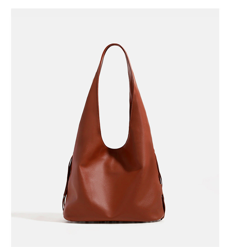 Cognac brown suede-look hobo shoulder bag with layered fringe trim and single loop strap, detail view 12