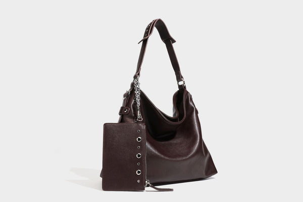 Large slouchy hobo shoulder bag in dark brown with smooth leather-look finish, adjustable strap, and silver-tone hardware