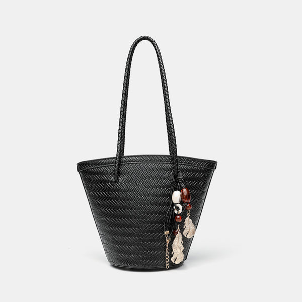 Woven herringbone-texture bucket bag with braided rope shoulder strap in dark brown, detail view 10