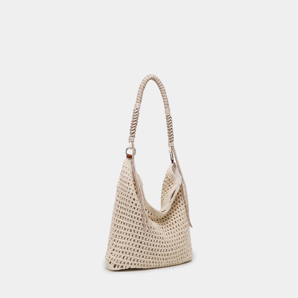 Große gewebte Hobo-Schultertasche in Creme mit geflochtenem Kordelriemen und silberfarbenen Ringdetails, Detailansicht 3