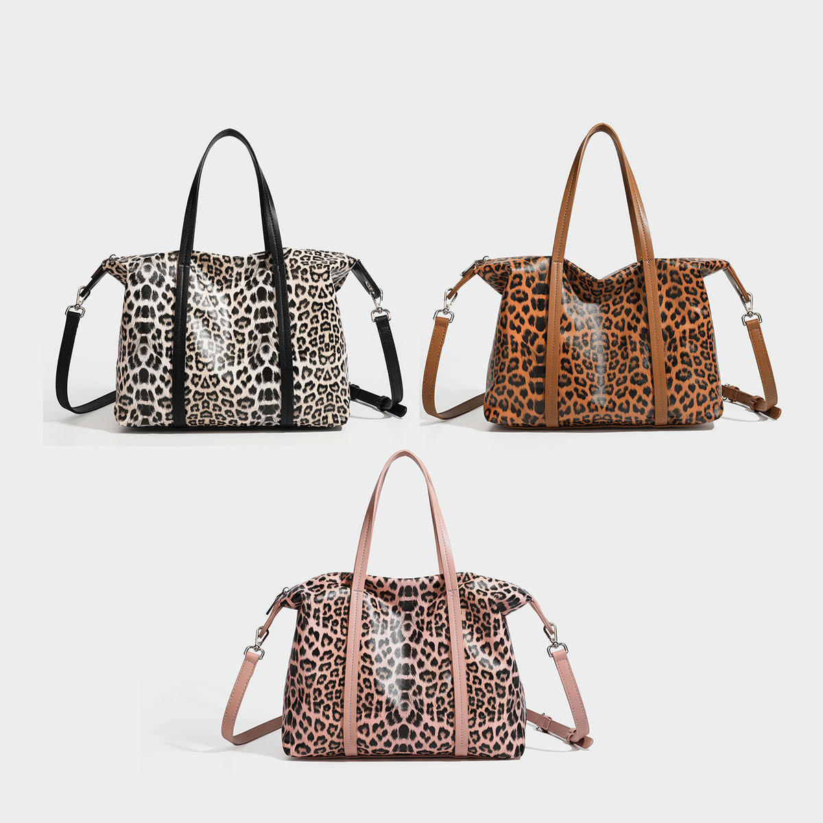 Leopard-print glossy leather-look tote bag with black trim, zip-top closure, and double shoulder handles, detail view 2