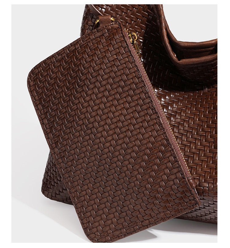 Slouchy woven leather-look hobo tote bag in brown with detachable zip pouch and gold-tone hardware, detail view 26
