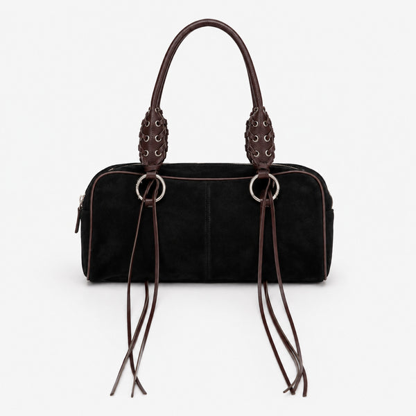 Rectangular suede-look barrel bag with laced eyelet handles, silver O-ring hardware, and hanging leather-look fringe tie