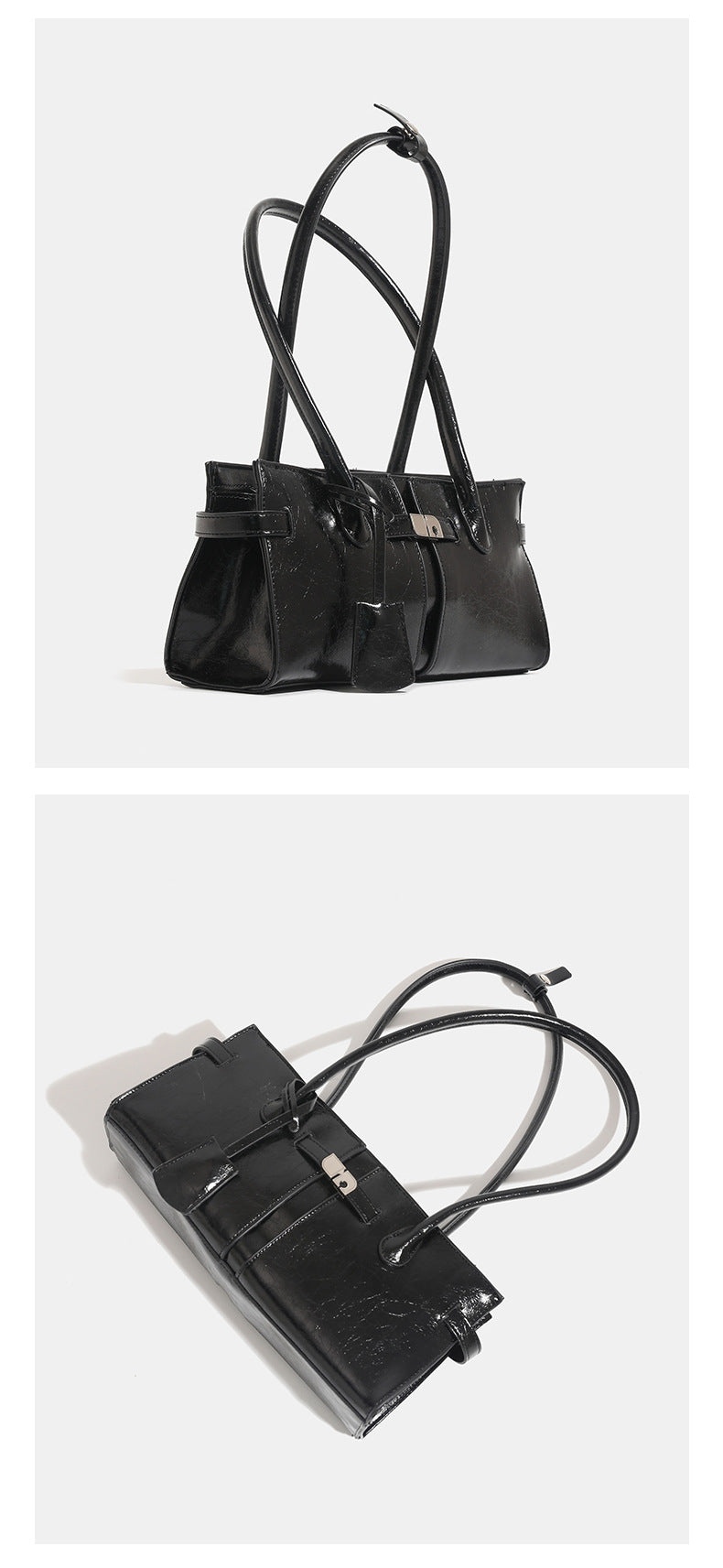 Structured glossy leather-look tote bag with long loop handles and silver turn-lock buckle closure, detail view 12